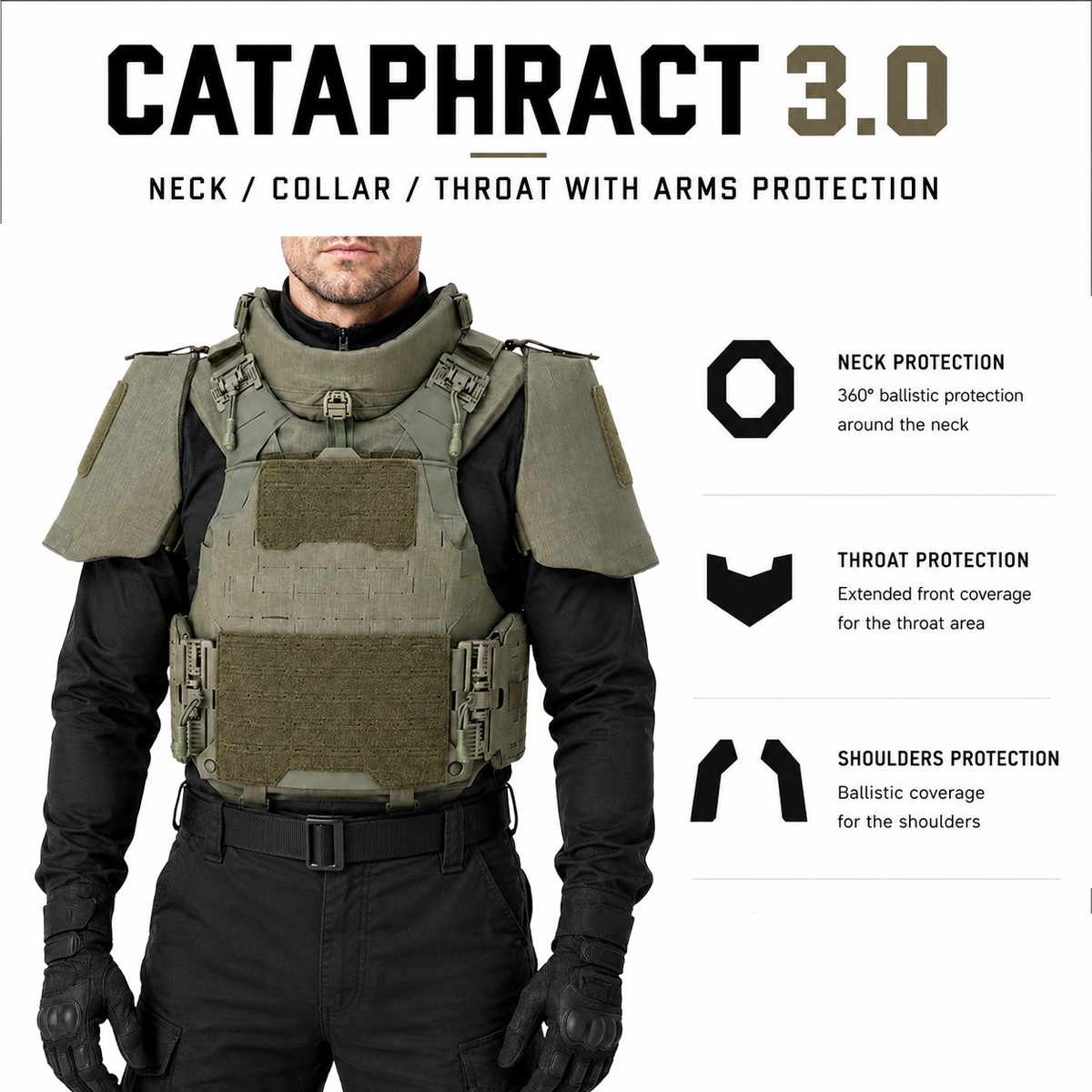 CIBV Cataphract 3.0 Bulletproof Vest with collar and arm protection configuration — Level 3A modular body armor — Ace Link Armor
