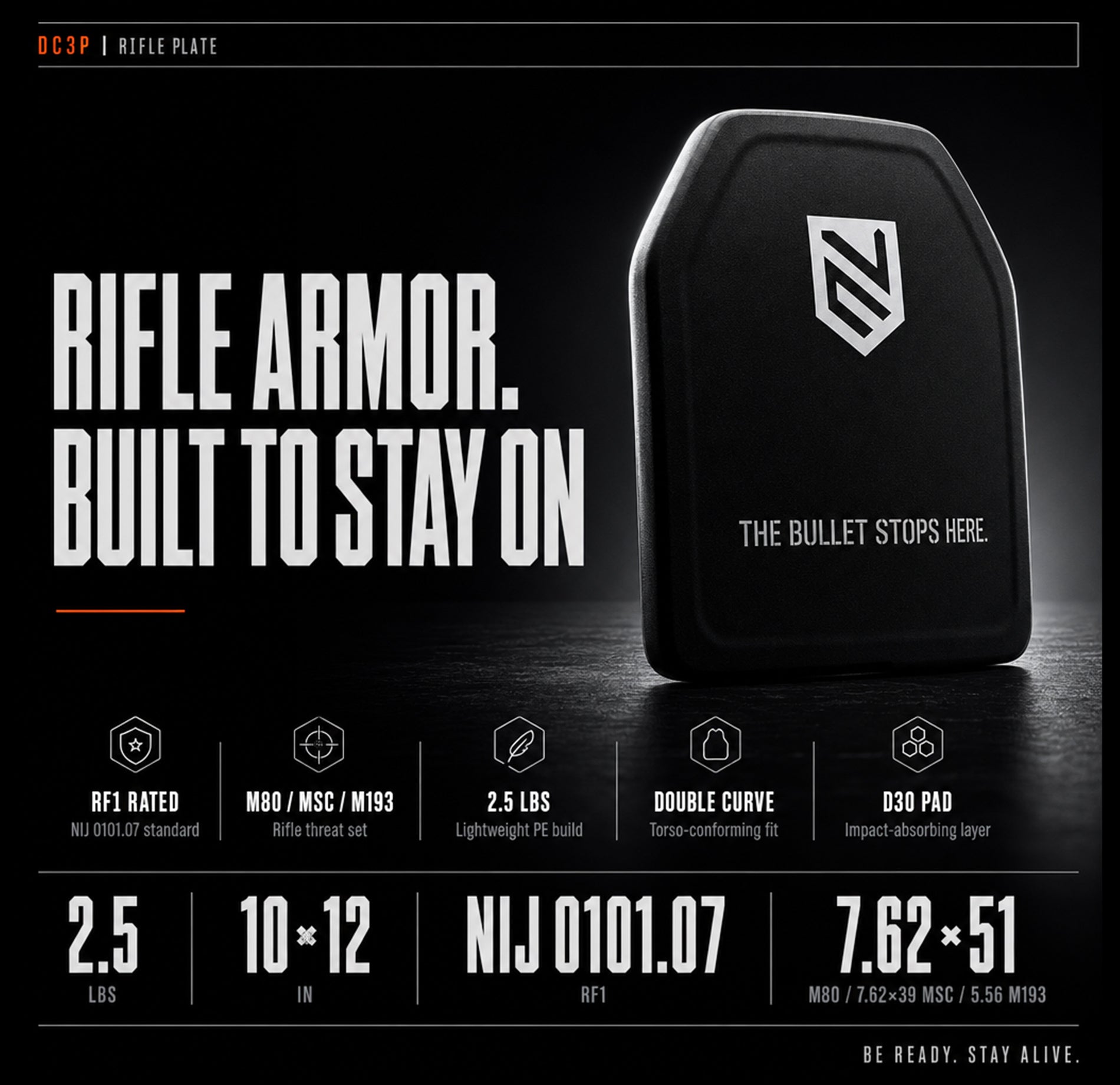 Level 3+ RF1 Rifle Armor Plate 10x12 Single-Curve product shot — Ace Link Armor