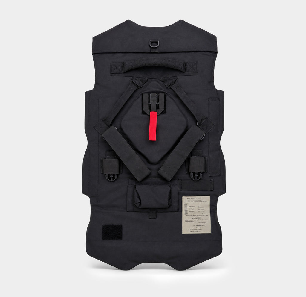 RapidShield Level 3A ballistic shield shown fully deployed at 21 by 34 inches