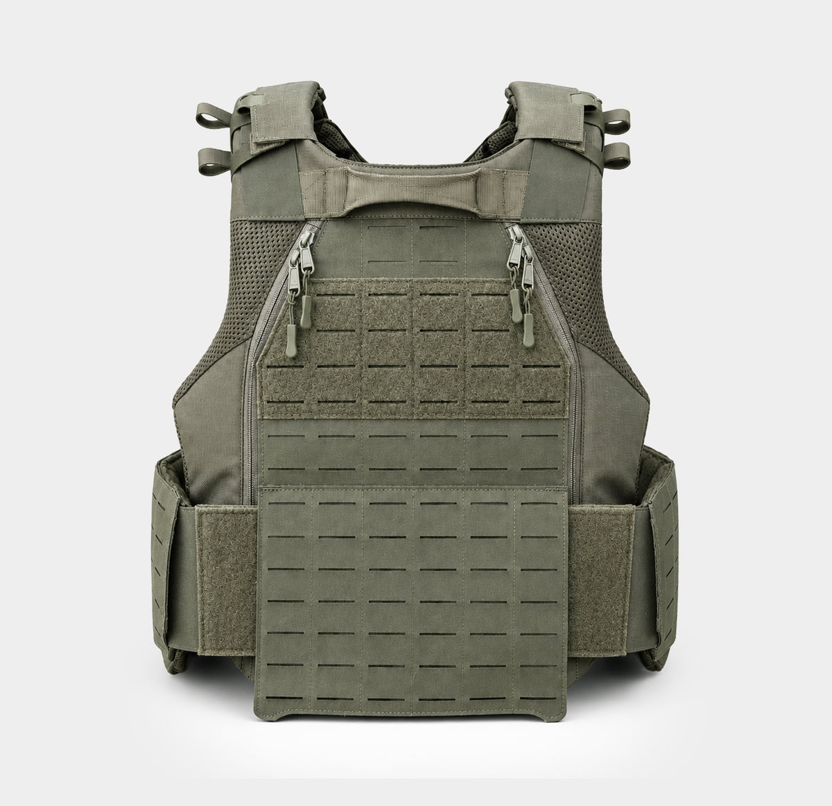 Side Load Carrier plate carrier in Ranger Green, rear view with laser-cut load-bearing panel, Ace Link Armor