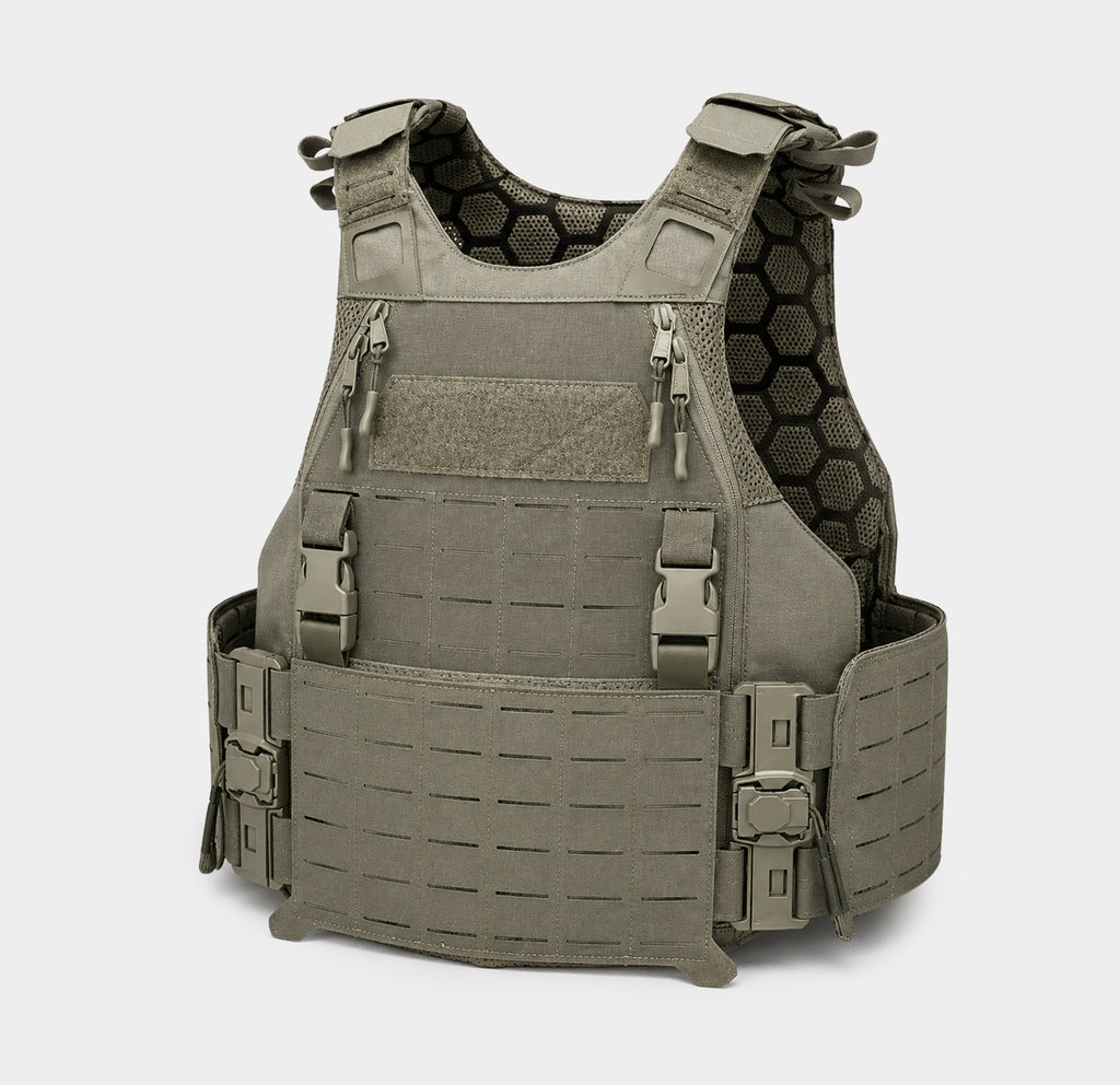 Side Load Carrier plate carrier in Ranger Green, front angle view showing side plate pocket, Ace Link Armor