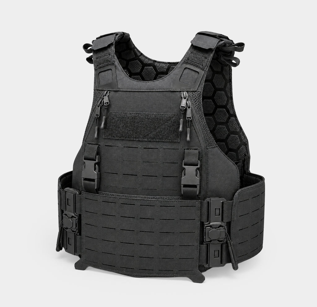 Side Load Carrier plate carrier in Black, front angle view showing swift-buckle front flap mount, Ace Link Armor
