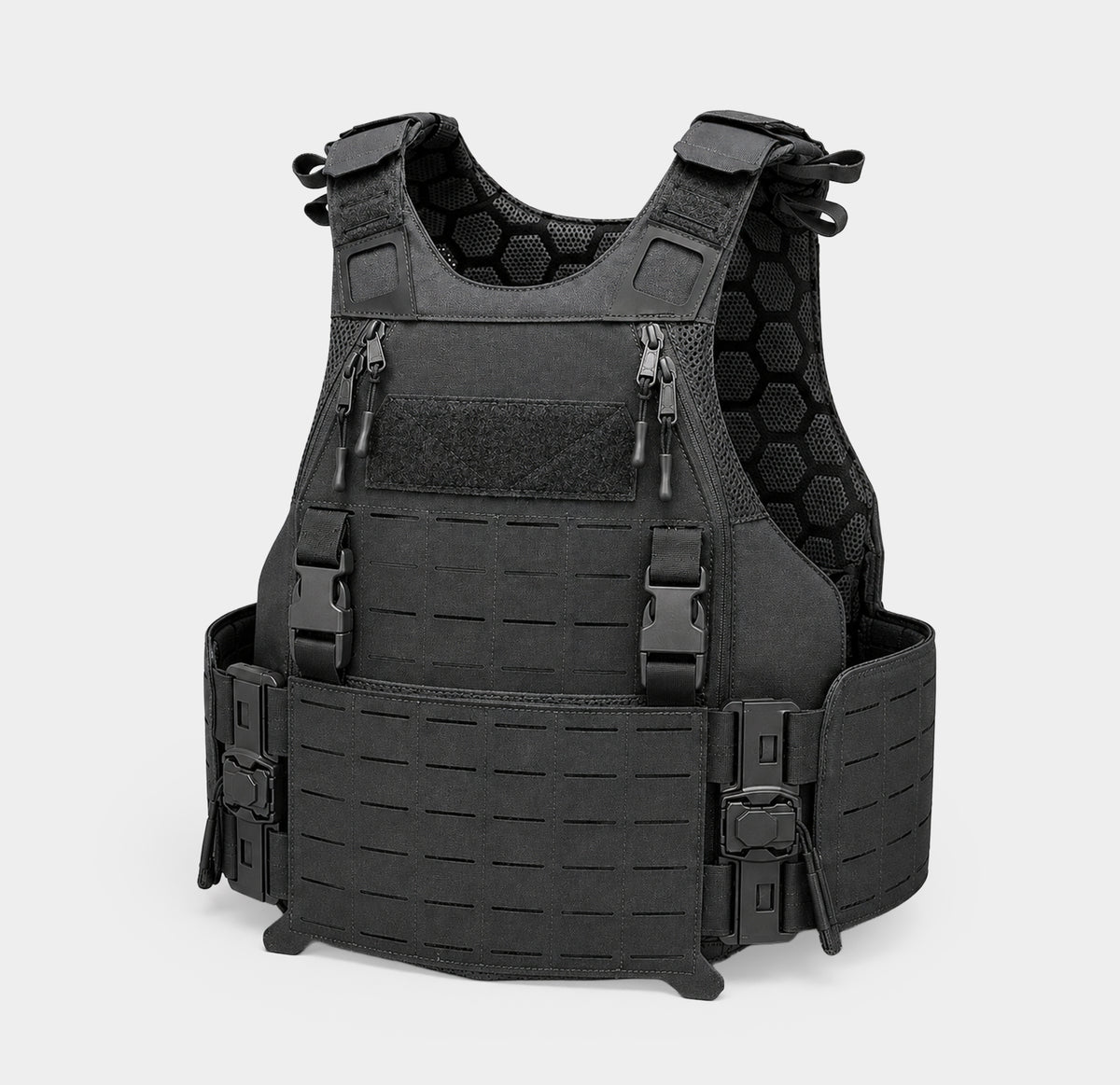 Side Load Carrier plate carrier in Black, front angle view showing swift-buckle front flap mount, Ace Link Armor