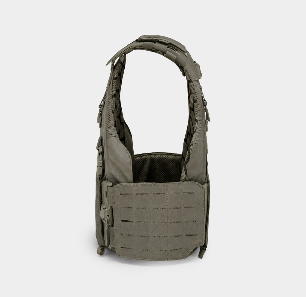 Side Load Carrier plate carrier in Ranger Green, side view with cummerbund and side-loaded plate pocket, Ace Link Armor