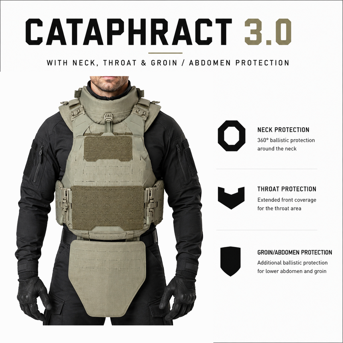 CIBV Cataphract 3.0 Bulletproof Vest with groin protector configuration — Level 3A modular body armor — Ace Link Armor